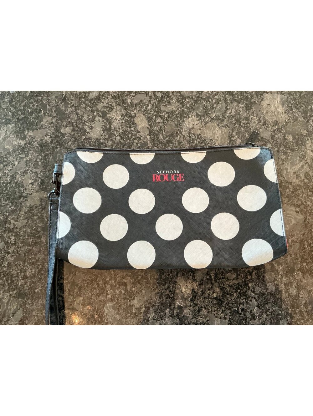 NWT Sephora Rouge Black White Polka Dot Cosmetic Bag Pouch w strap